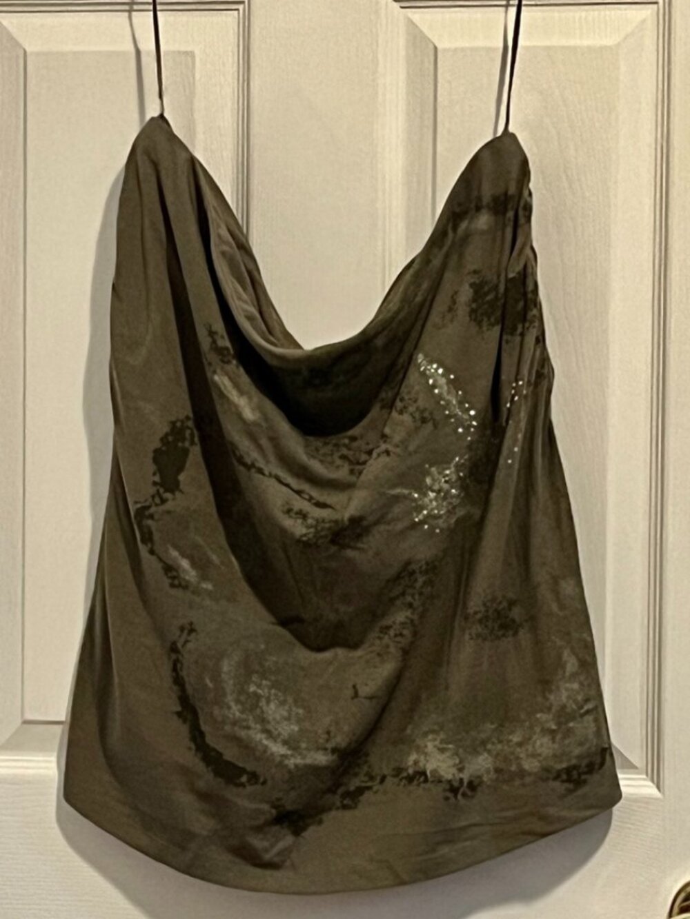 Strapless olive green top with rhinestone embelishments